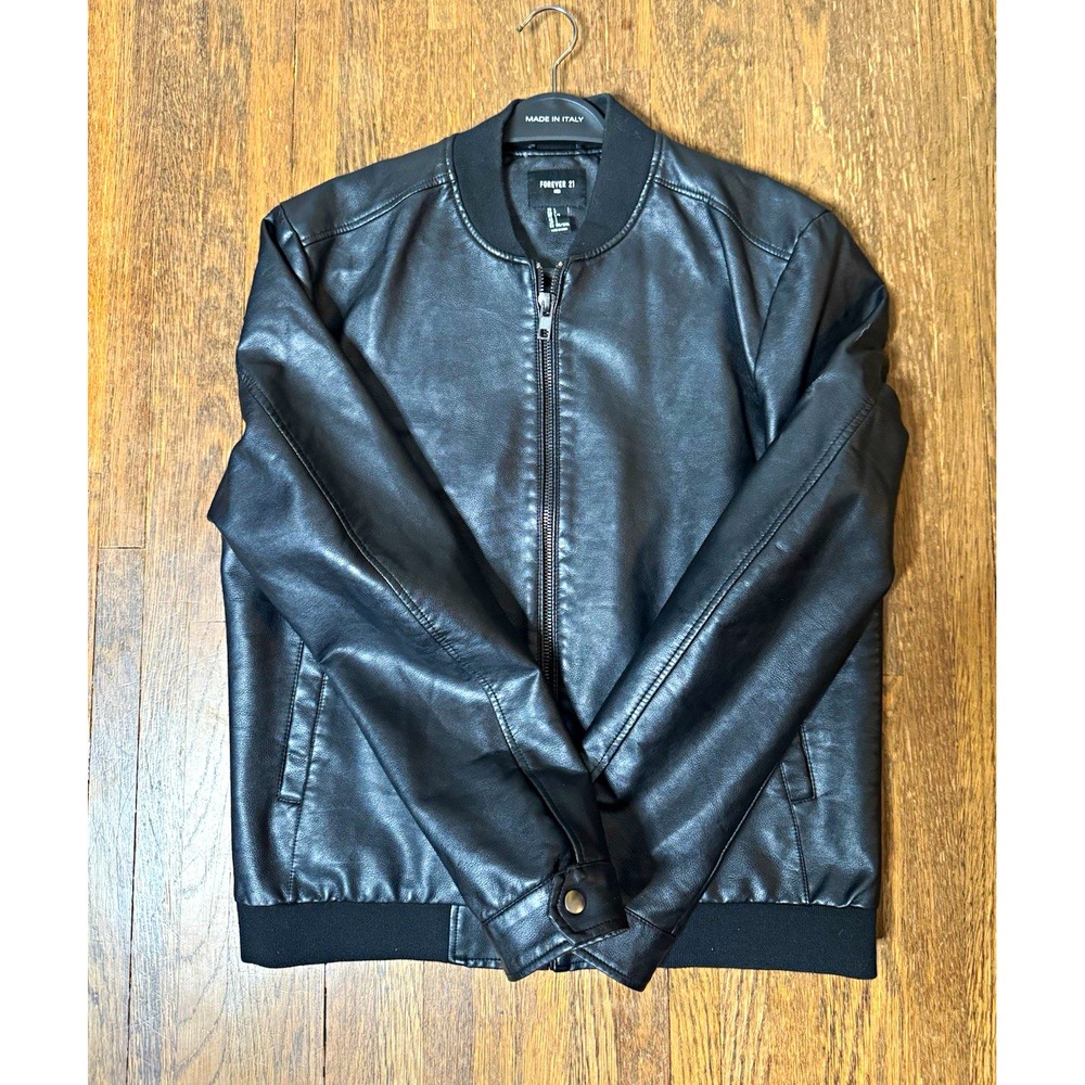 Forever 21 Mens Black Bomber Jacket Faux Leather Full Zip Pockets Size L